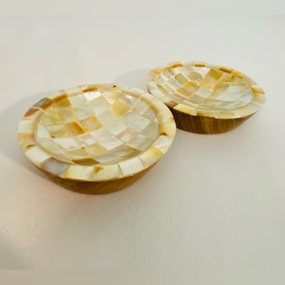 Mother of Pearl Inlay Wooden Caviar Dish Butter Pat Trinket Dishes Shell BOHO